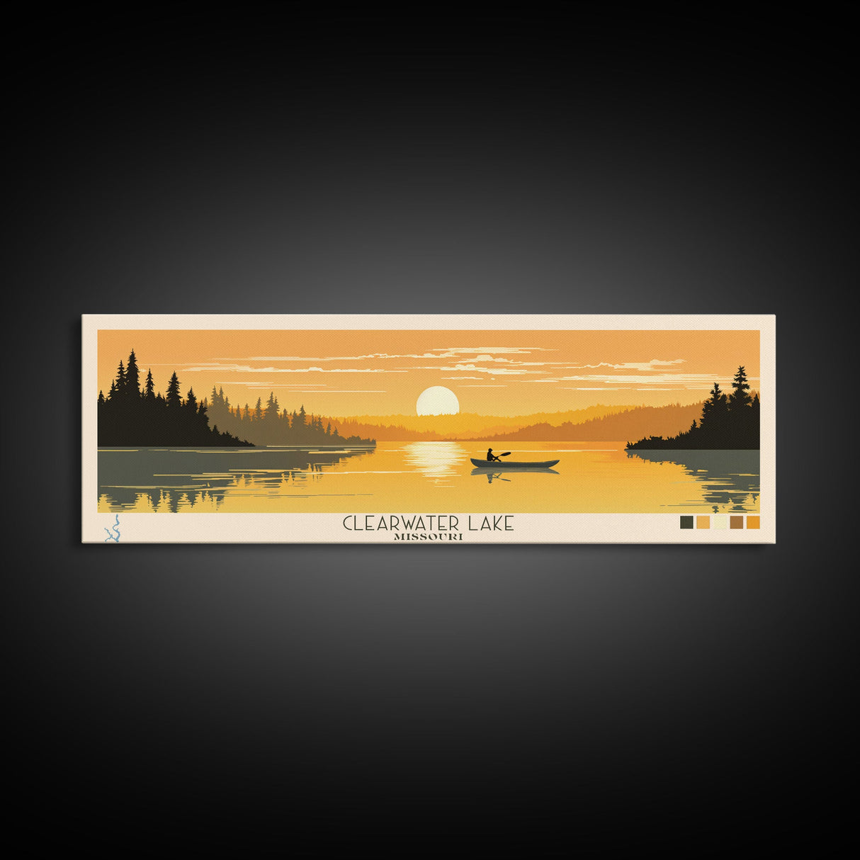 Clearwater Lake Missouri Framed Canvas Print, Pop Art Panoramic Travel Poster, Midcentury Modern, Wall Art, Scenic Nature Painting, Bedroom Decor, Living Room Art