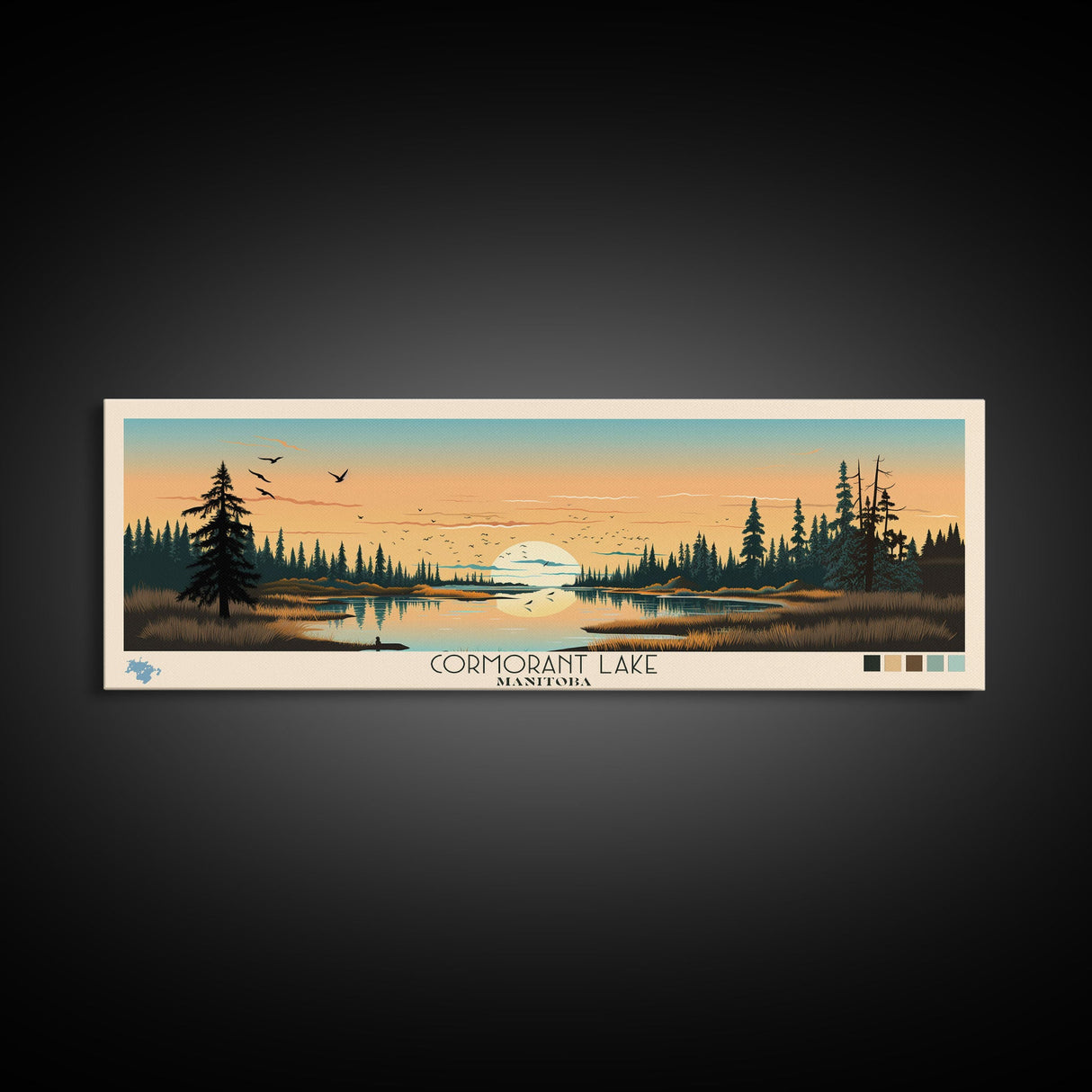 Cormorant Lake Manitoba Framed Canvas Print, Pop Art Panoramic Travel Poster, Midcentury Modern, Wall Art, Scenic Nature Painting, Bedroom Decor, Living Room Art