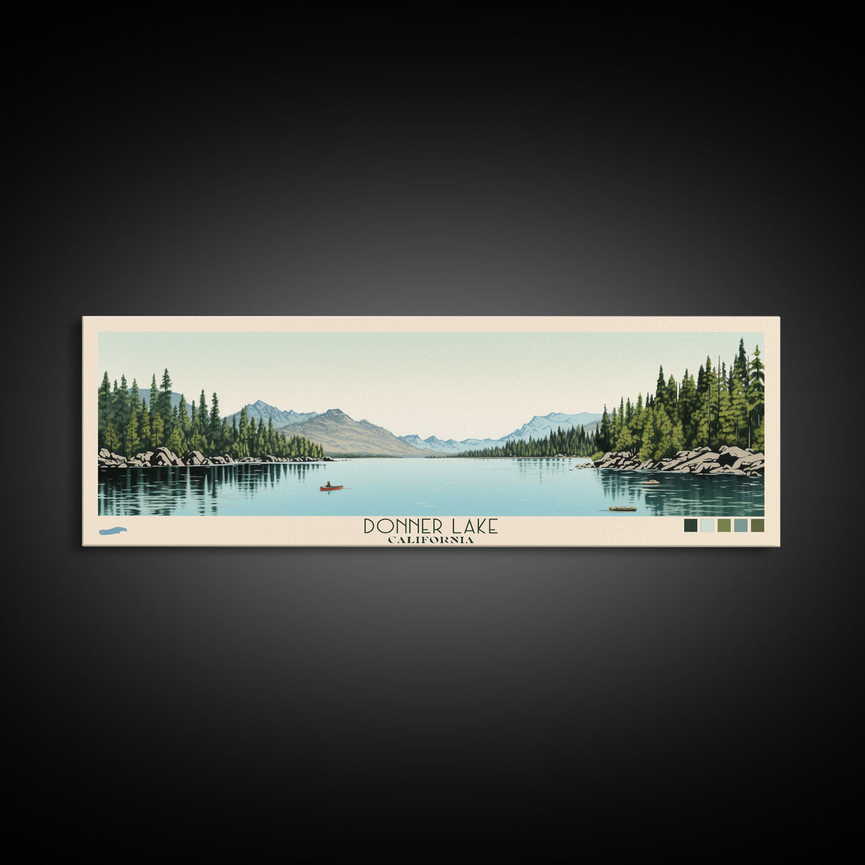 Donner Lake California Framed Canvas Print, Midcentury Modern Panoramic Wall Art, Bedroom Decor, Pop Art, Travel Poster Art, Scenic Nature Painting