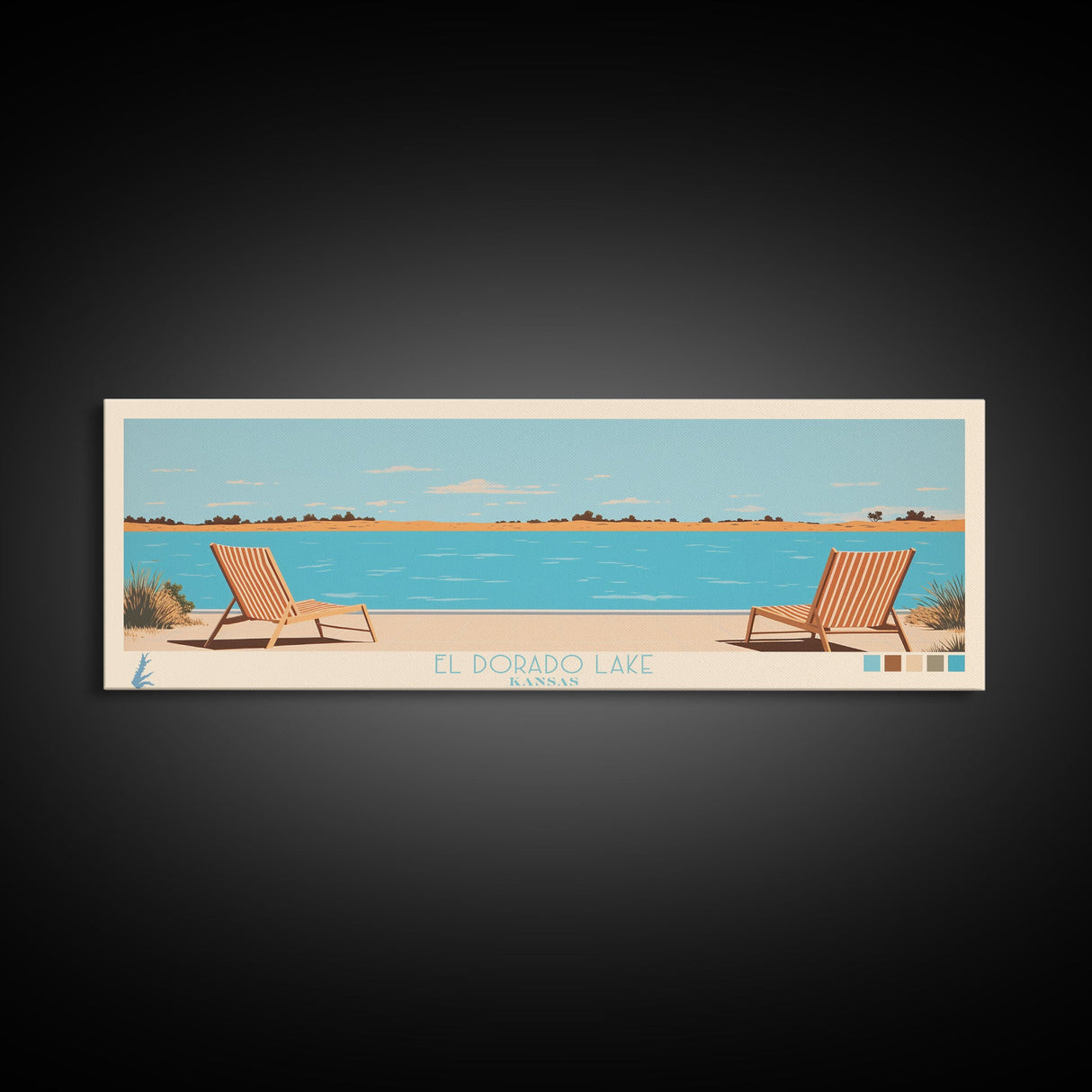 El Dorado Lake Kansas Framed Canvas Print, Panoramic Wall Art, Midcentury Modern, Pop Art, Living Room Art, Travel Poster, Vintage Lake Art