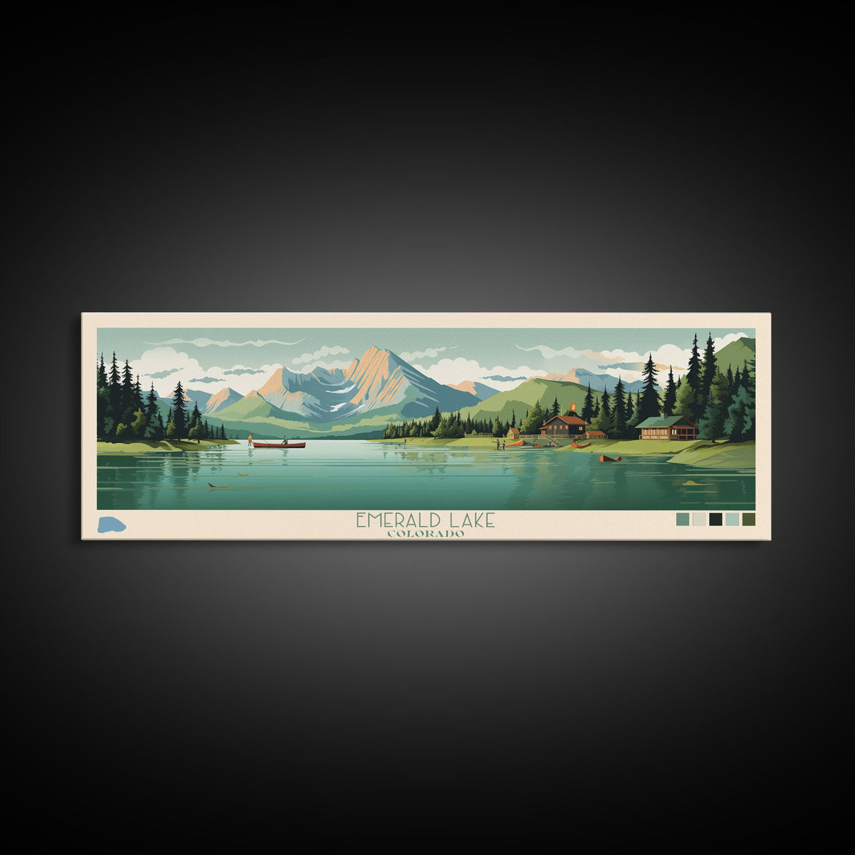 Emerald Lake Colorado Framed Canvas Print, Panoramic Art, Midcentury Modern, Pop Art, Living Room Wall Art, Travel Poster, Lake Art
