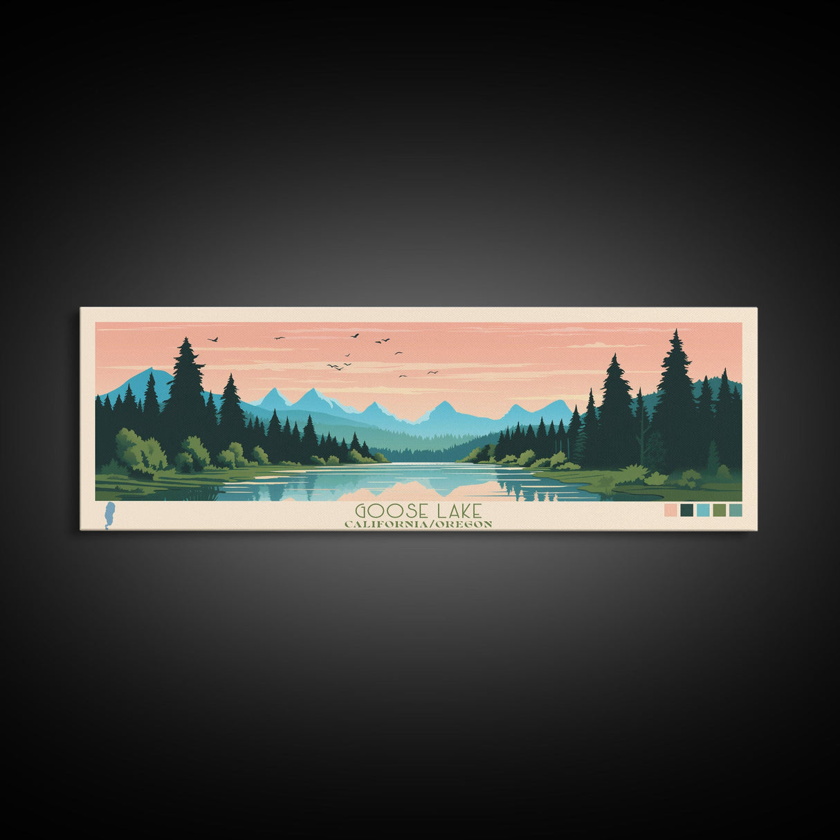 Goose Lake California Oregon Framed Canvas Print, Panoramic Wall Art, Midcentury Modern, Pop Art, Living Room Decor, Travel Poster, Lake View, Nature Art