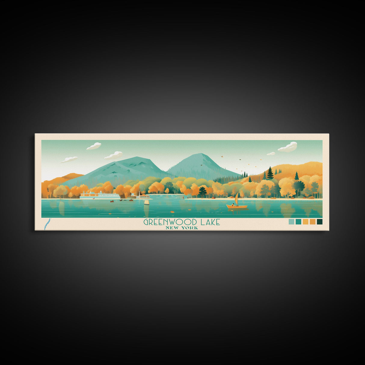 Greenwood Lake New York Framed Canvas Print, Panoramic Art, Midcentury Modern, Pop Art, Bedroom Decor, Travel Poster, Lake House Decor