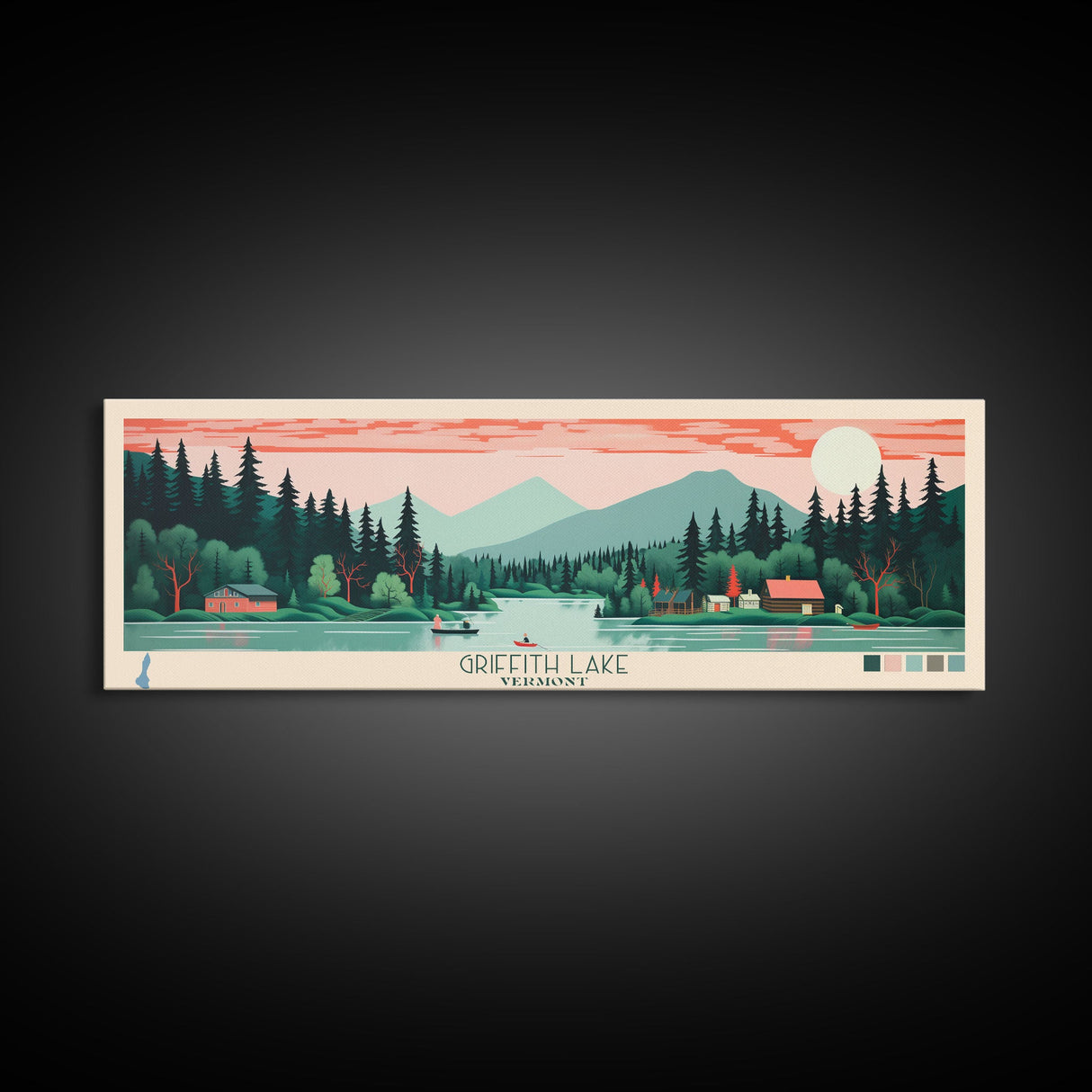 Griffith Lake Vermont2 Framed Canvas Print, Panoramic Art, Midcentury Modern, Pop Art, Bedroom Decor, Travel Poster, Artistic Decor, Home Decor