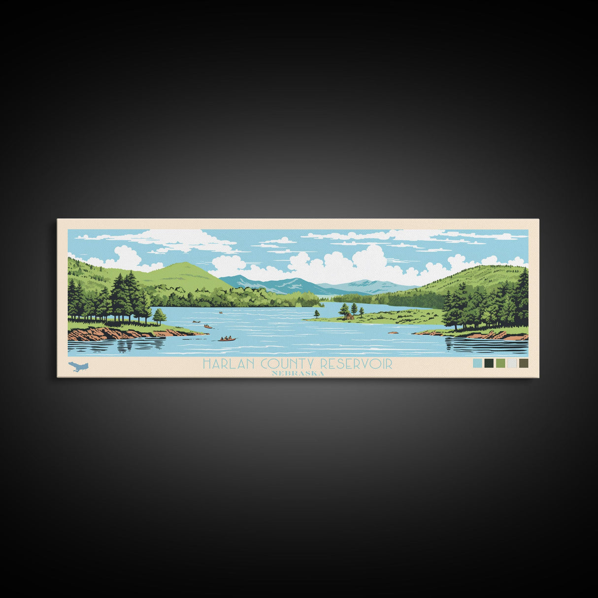 Harlan County Reservoir Nebraska Framed Canvas Print, Panoramic Art, Midcentury Modern, Pop Art, Bedroom Decor, Travel Poster, Nature Art, Home Decor