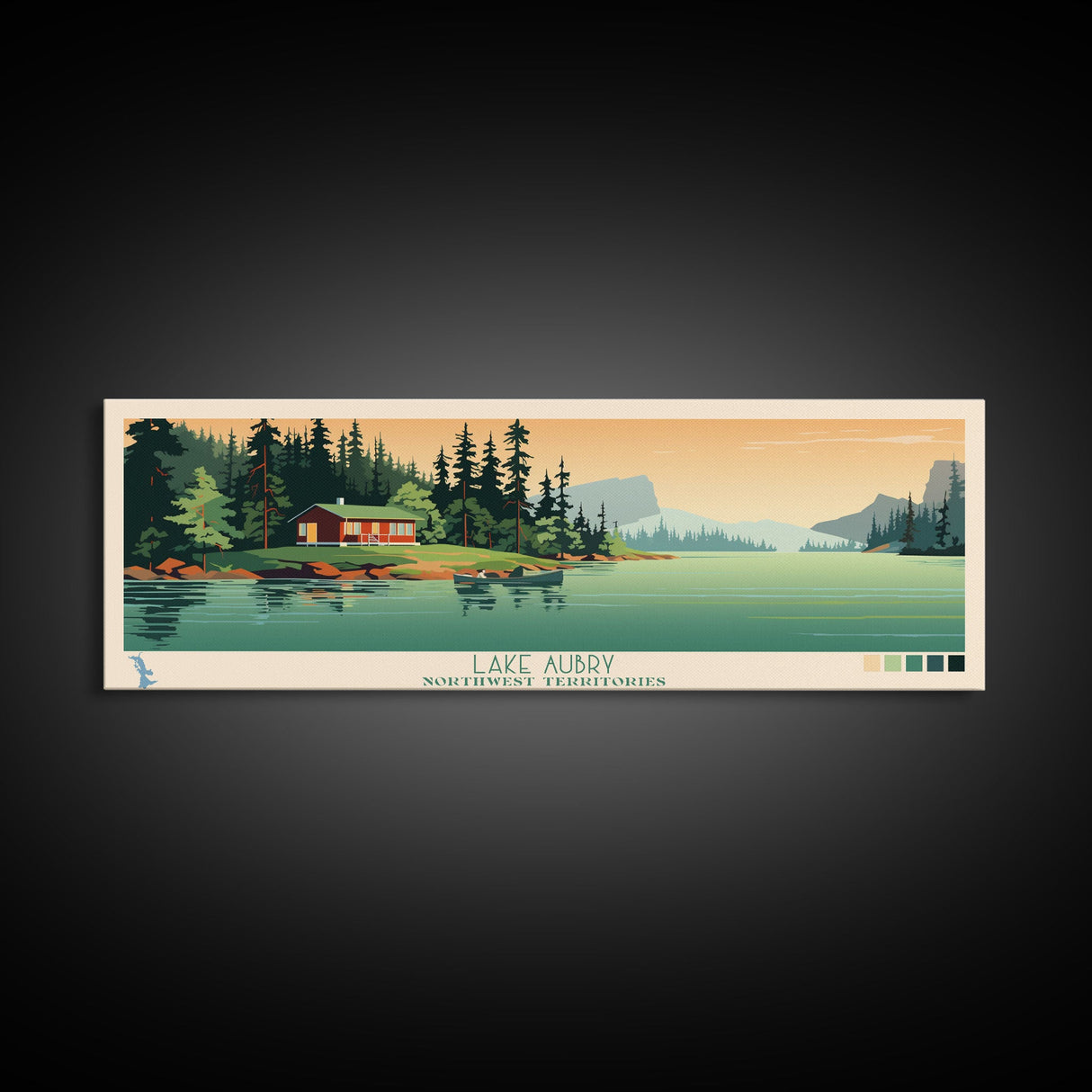 Lake Aubry Northwest Territories Framed Canvas Print, Panoramic Art, Midcentury Modern, Pop Art, Living Room Wall Art, Travel Poster, Lake House Decor