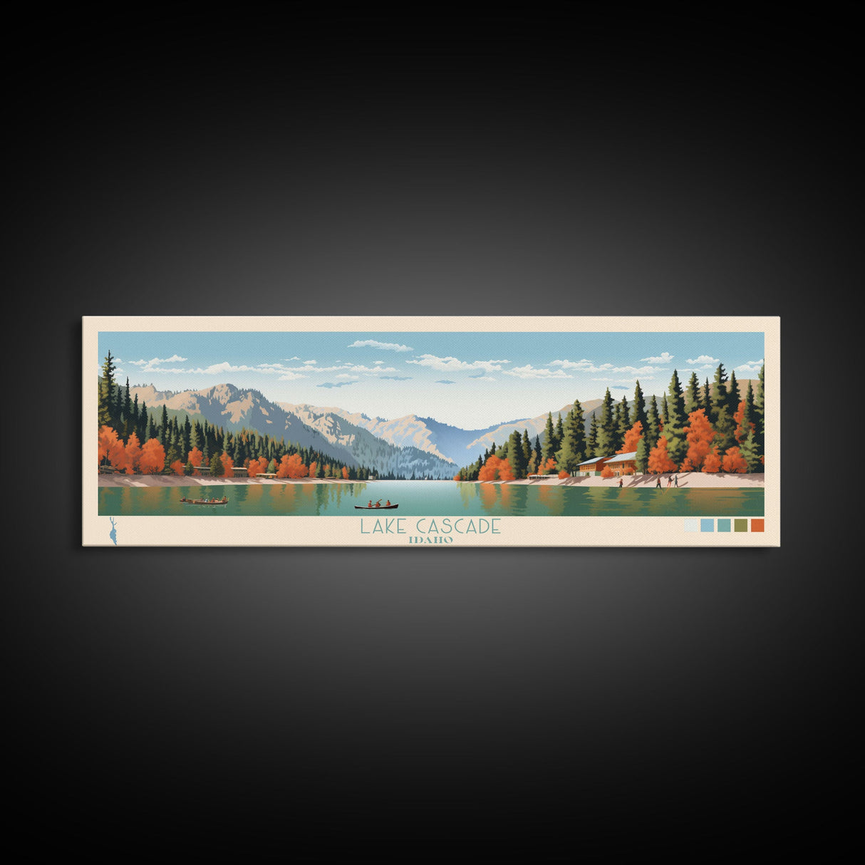 Lake Cascade Idaho Framed Canvas Print, Panoramic Art, Midcentury Modern, Pop Art, Living Room Wall Art, Travel Poster, Lake House Decor