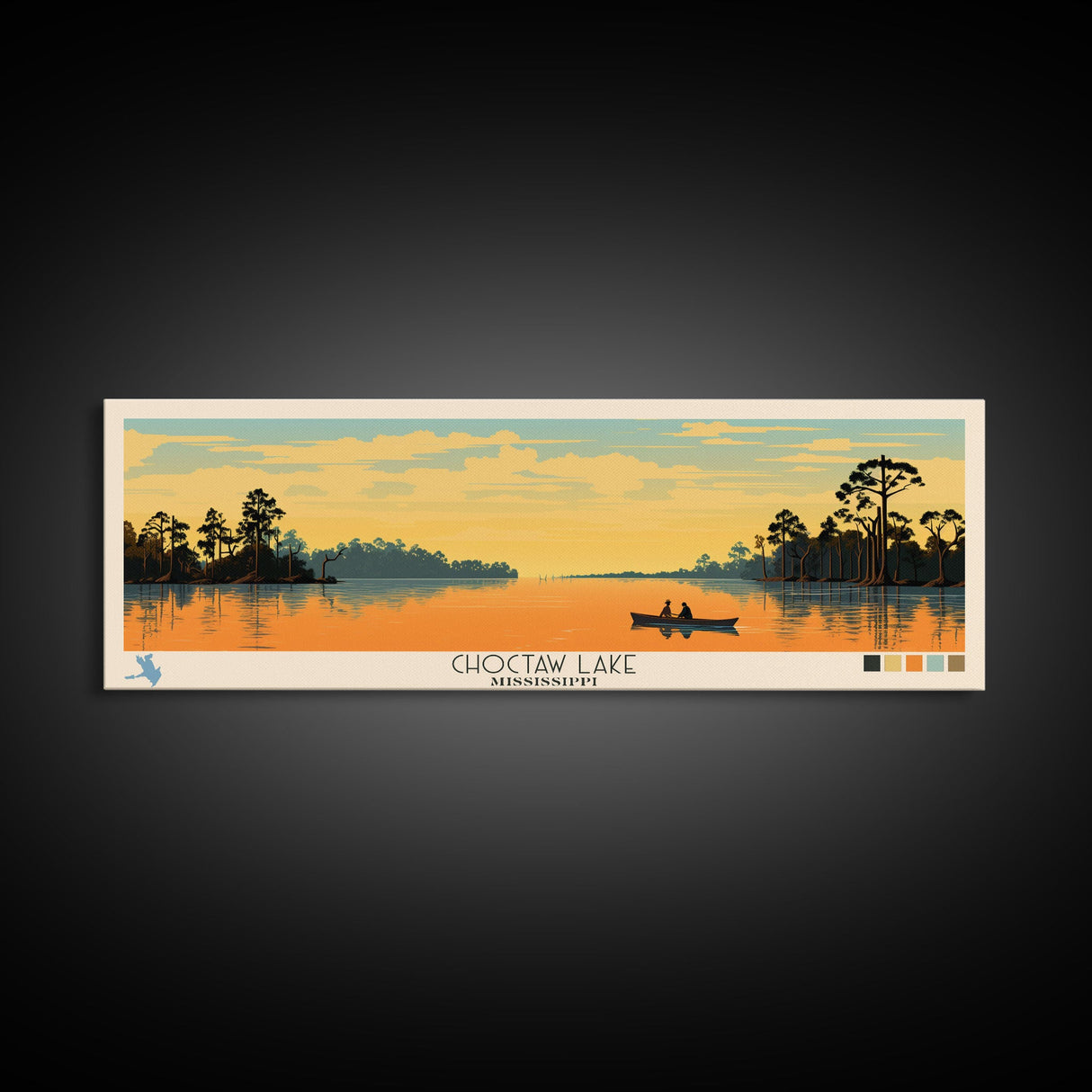 Lake Choctaw Framed Canvas Print, Panoramic Art, Midcentury Modern, Pop Art, Living Room Wall Art, Travel Poster, Lake House Decor