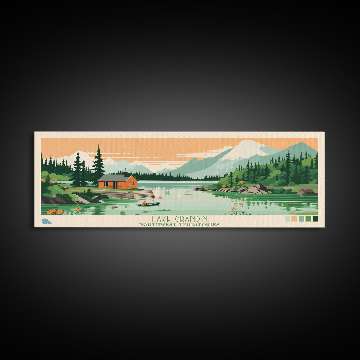 Lake Grandin Northwest Territories Framed Canvas Print, Panoramic Art, Midcentury Modern, Pop Art, Living Room Wall Art, Travel Poster, Lake House Decor