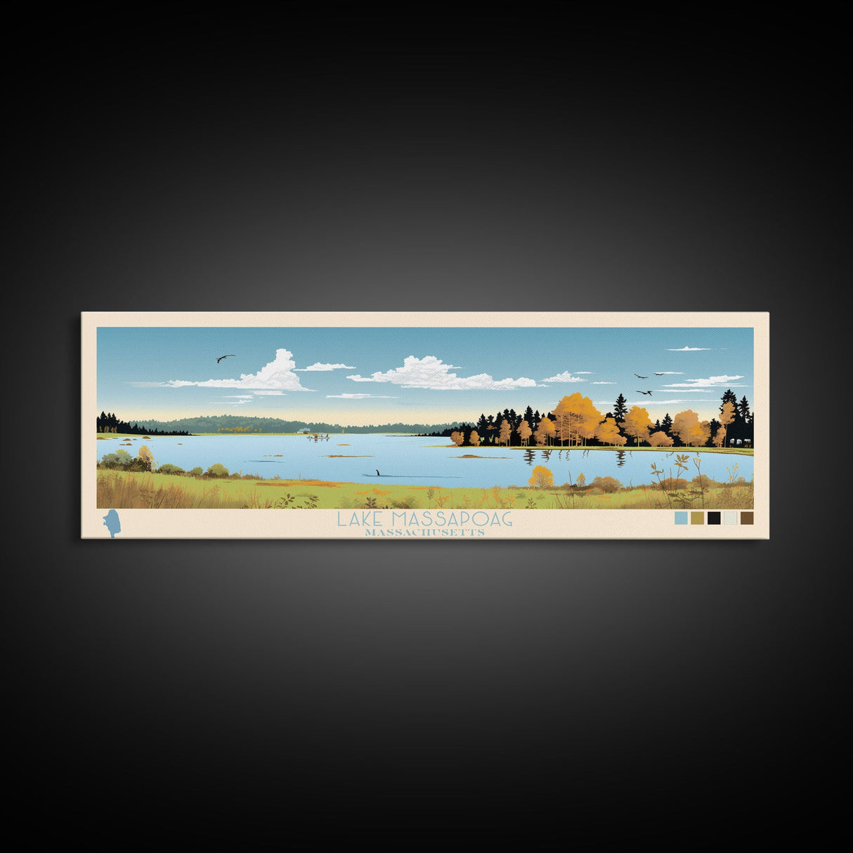 Lake Massapoag Massachusetts Framed Canvas Print, Panoramic Wall Art, Midcentury Modern, Pop Art, Living Room Decor, Travel Poster