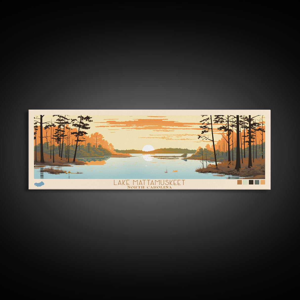 Lake Mattamuskeet North Carolina Framed Canvas Print, Panoramic Wall Art, Midcentury Modern, Pop Art, Bedroom Art, Travel Poster, Lake House Decor