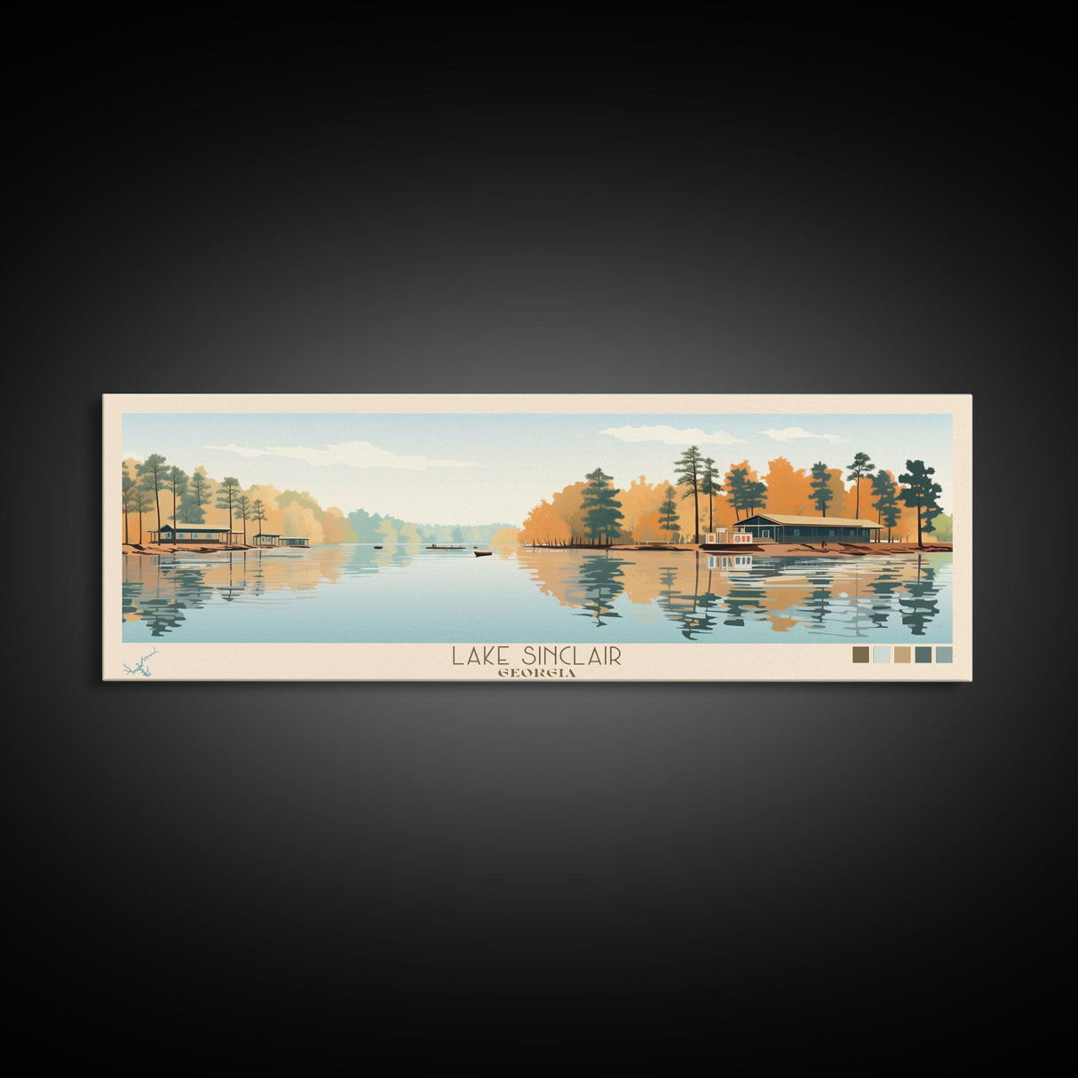 Lake Sinclair Georgia Framed Canvas Print, Panoramic Wall Art, Midcentury Modern, Pop Art, Living Room Decor, Travel Poster, Lake House Art