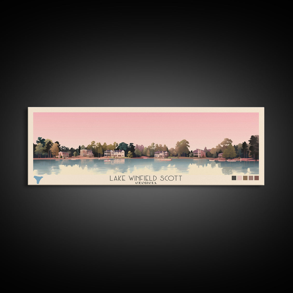 Lake Winfield Scott, Georgia Panoramic Wall Art Framed Canvas Print, Midcentury Modern, Pop Art, Home Decor, Travel Poster, Living Room Art
