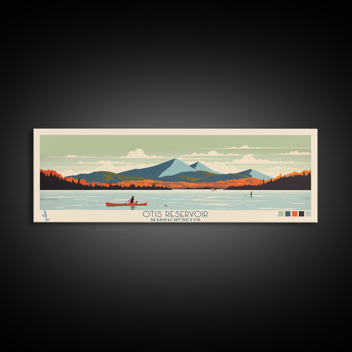 Otis Reservoir, Massachusetts Framed Canvas Print, Panoramic Wall Art, Midcentury Modern, Pop Art, Home Decor, Travel Poster, Living Room Art