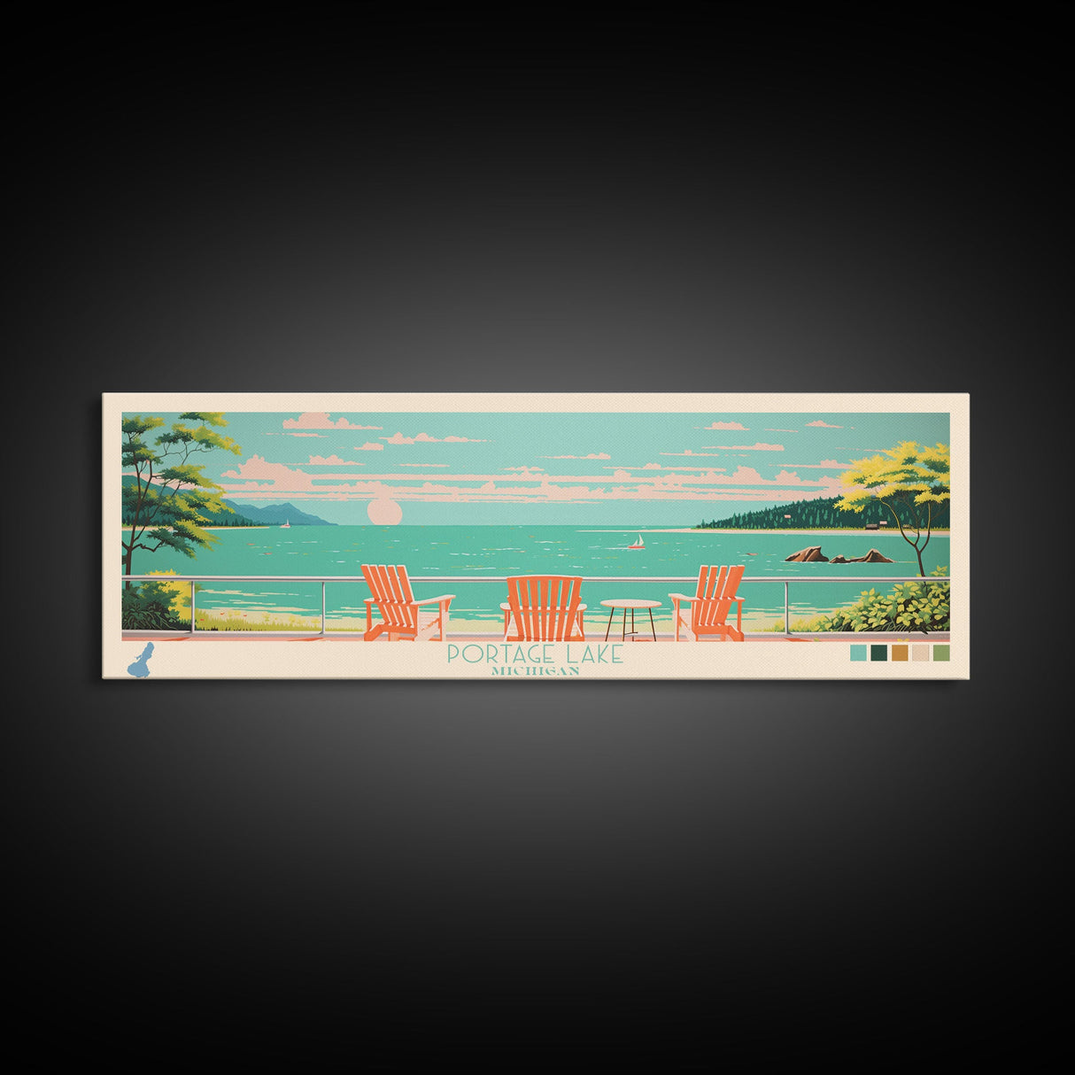 Portage Lake, Michigan Framed Canvas Print, Bedroom Art, Midcentury Modern, Pop Art, Panoramic Wall Art, Travel Poster