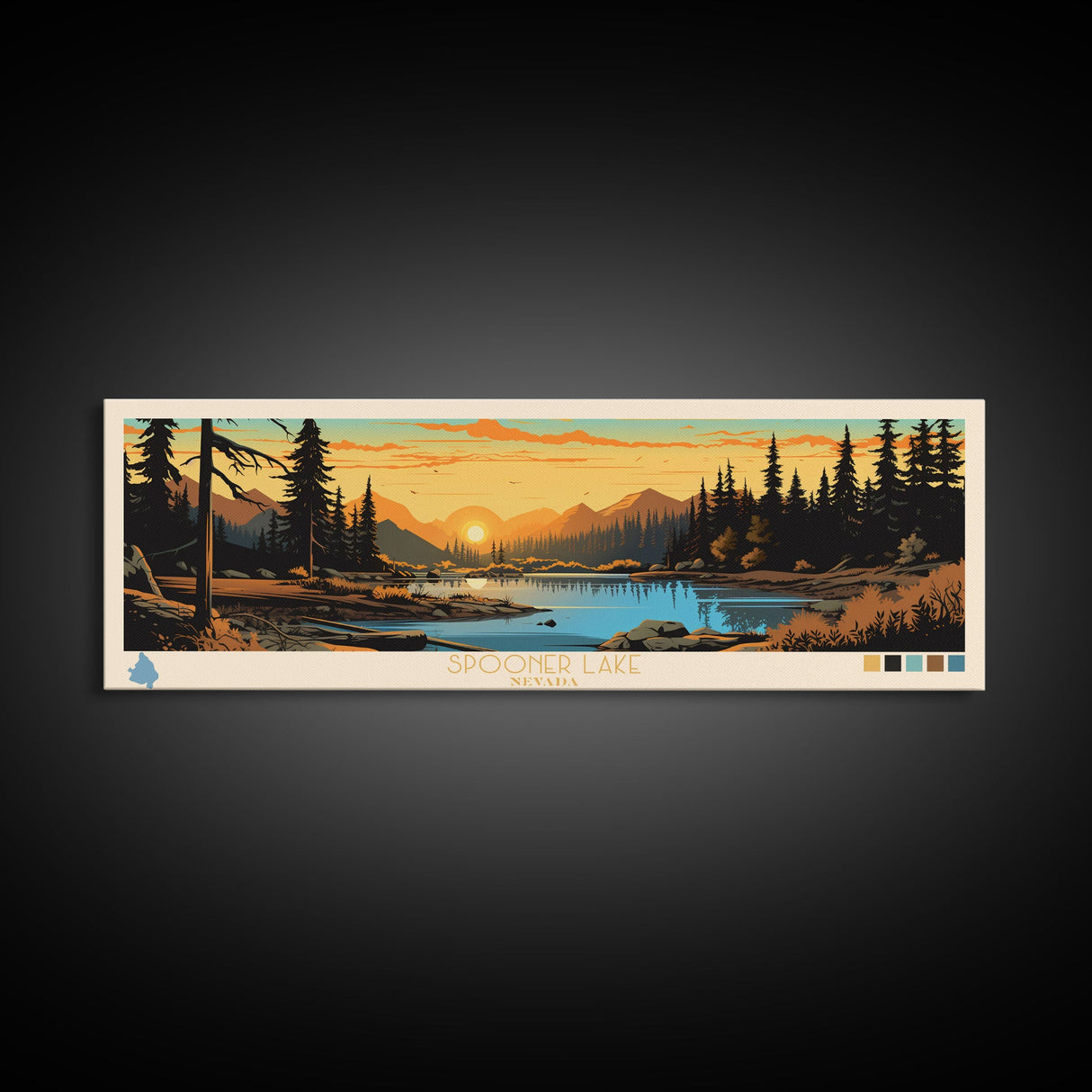 Spooner Lake, Nevada Framed Canvas Print, Lake House Decor, Midcentury Modern Art, Pop Art, Travel Poster, Bedroom Wall Art