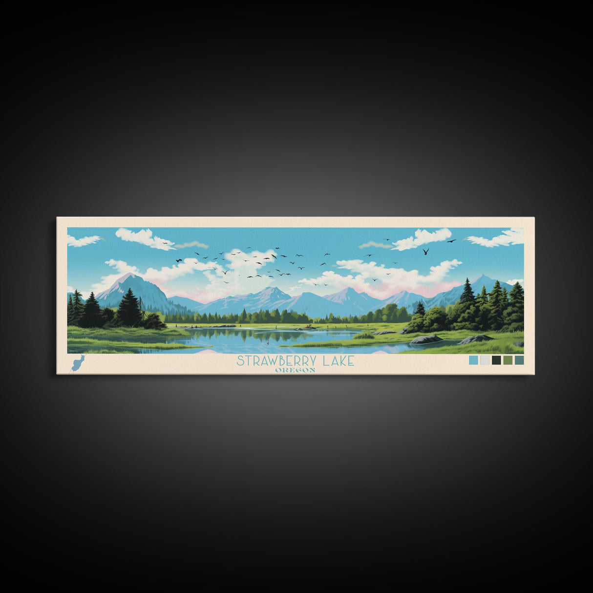 Strawberry Lake, Oregon Framed Canvas Print, Lake House Art, Midcentury Modern Decor, Pop Art, Travel Poster, Living Room Wall Art