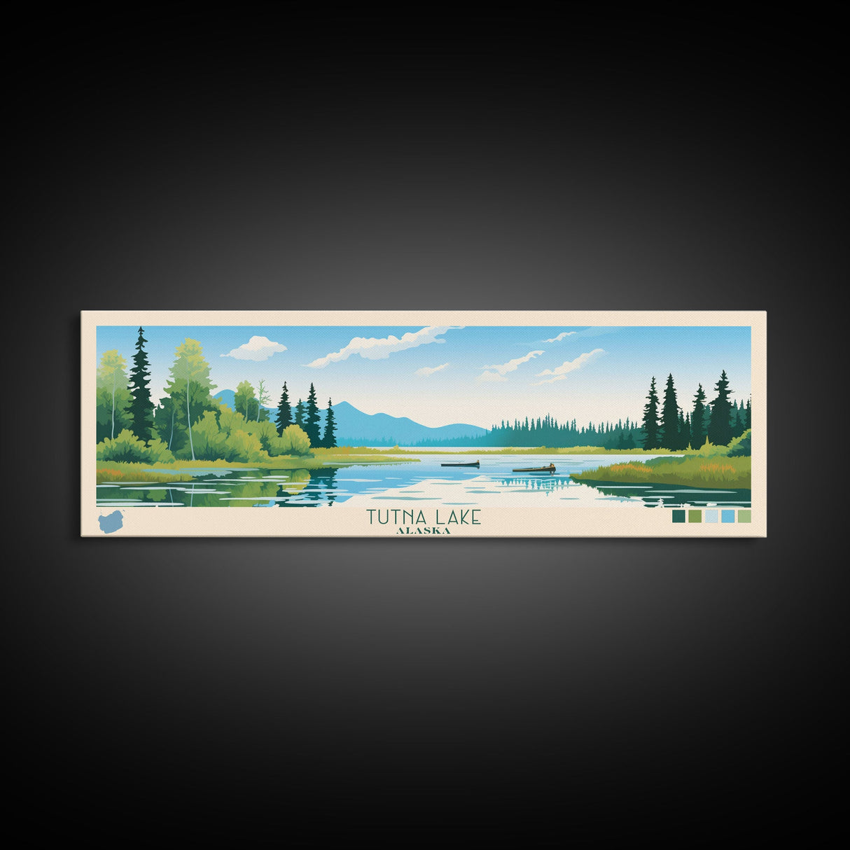 Tutna Lake, Alaska Framed Canvas Print, Lake House Art, Midcentury Modern Decor, Pop Art, Travel Poster, Bedroom Wall Art