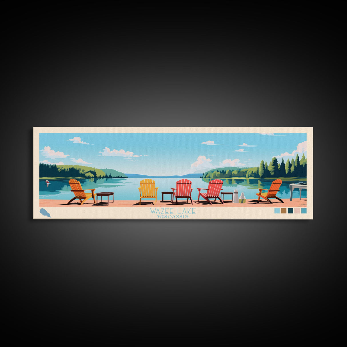 Wazee Lake, Wisconsin Framed Canvas Print, Panoramic Lake House Art, Midcentury Modern Decor, Pop Art, Travel Poster, Living Room Wall Art