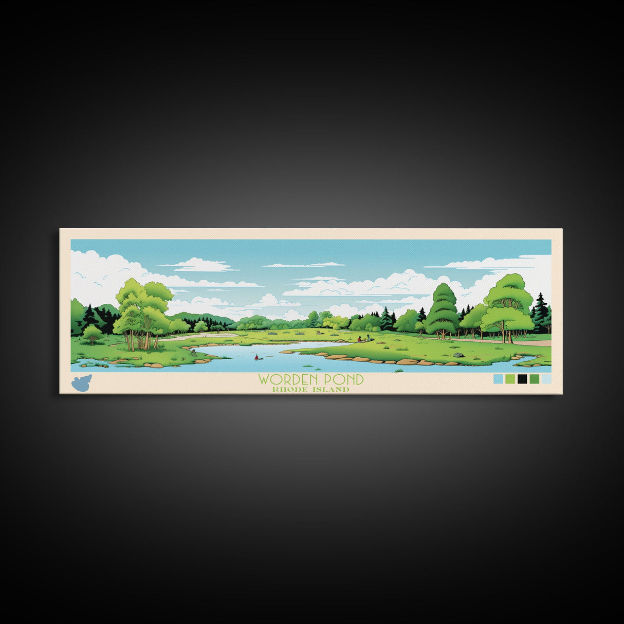 Worden Pond, Rhode Island Framed Canvas Print, Panoramic Lake House Decor, Midcentury Modern Art, Pop Art, Travel Poster