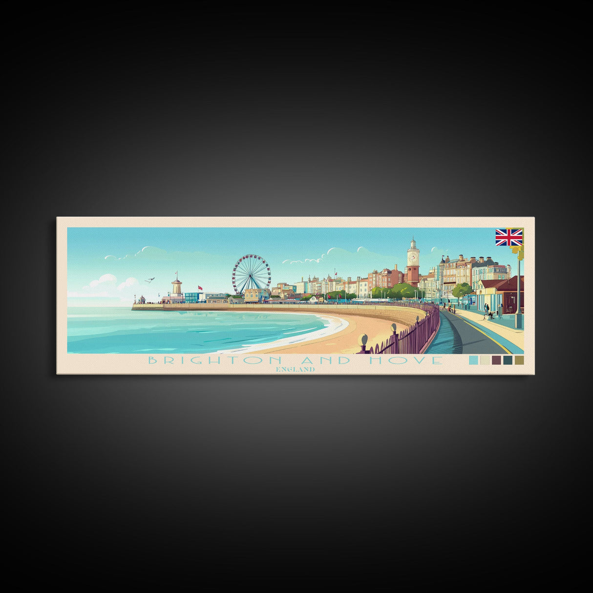 Brighton and Hove, England Travel Poster Panoramic Canvas Print, Brighton and Hove, England Painting, England Art, Brighton and Hove Travel Art, Guest Room Painting