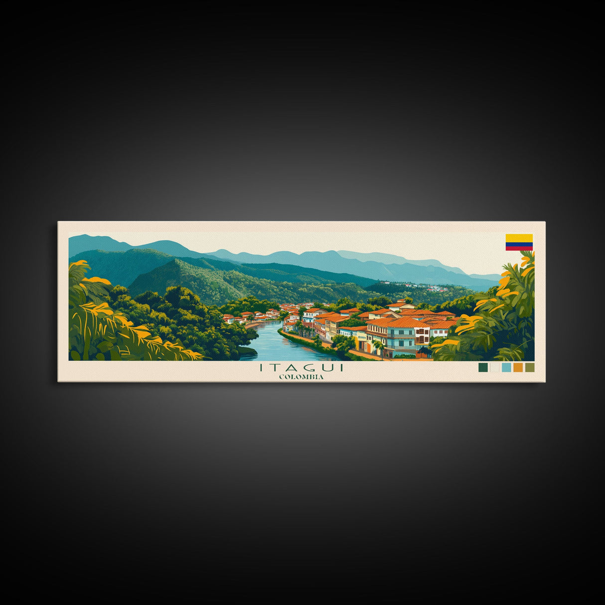 Panoramic Travel Poster Itagui, Colombia Canvas Print, Itagui, Colombia Painting, Colombia Art, Itagui Travel Art, Guest Room Painting