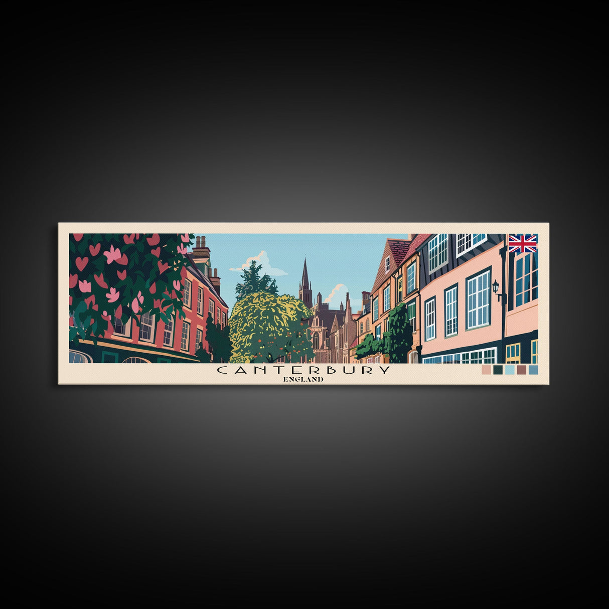 Canterbury, England Panoramic Canvas Print, Canterbury, England Painting, England Art, Canterbury Travel Poster, Travel Art, Vacation Gift
