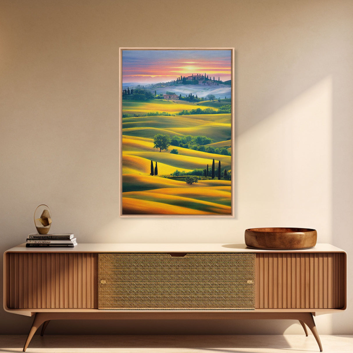 Italian Countryside at Sunset, Italy Art, Framed Canvas Print, Ready To Hang Framed Wall Art, Living Room Wall Hanging