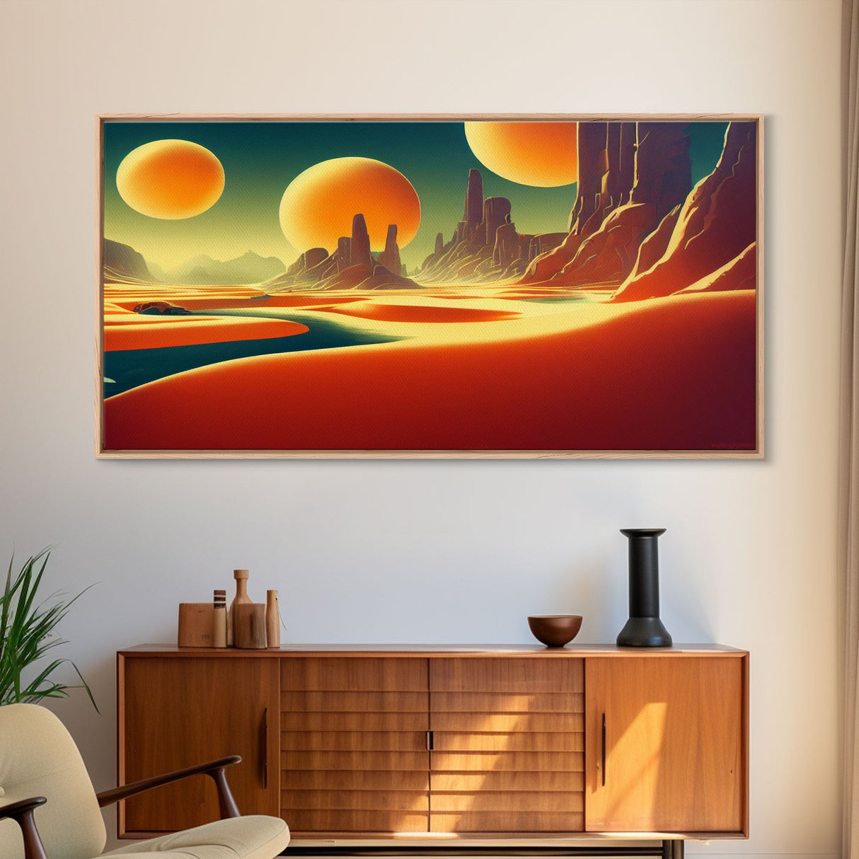 Trippy Art Deco Scifi Painting of an Alien World, Wall Decor, Ready To Hang Framed Canvas Print, Oversize Wall Art