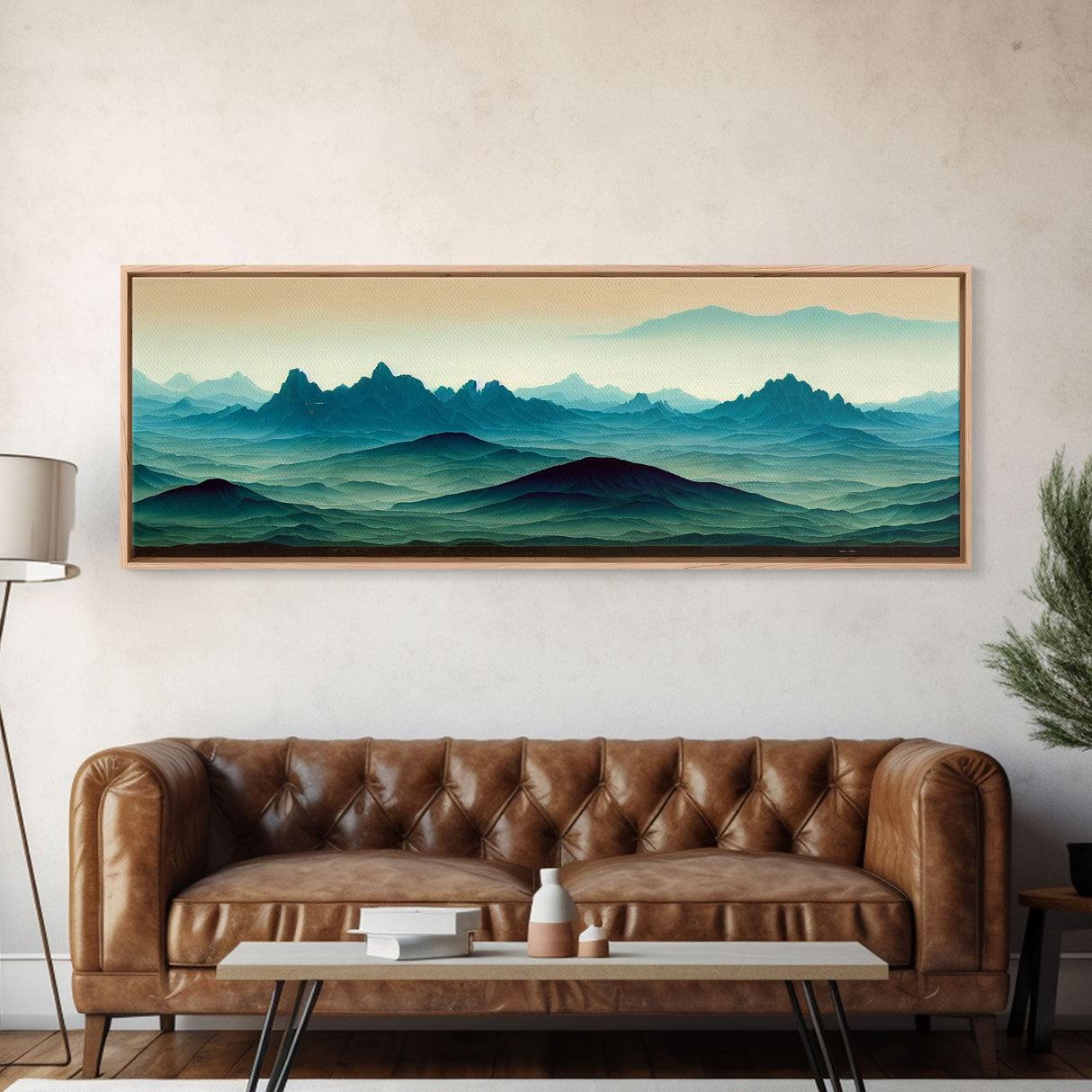 Emerald Green Rolling Hills and Mountains, Landscape Art, Ready To Hang Canvas Print, Framed Wall Art