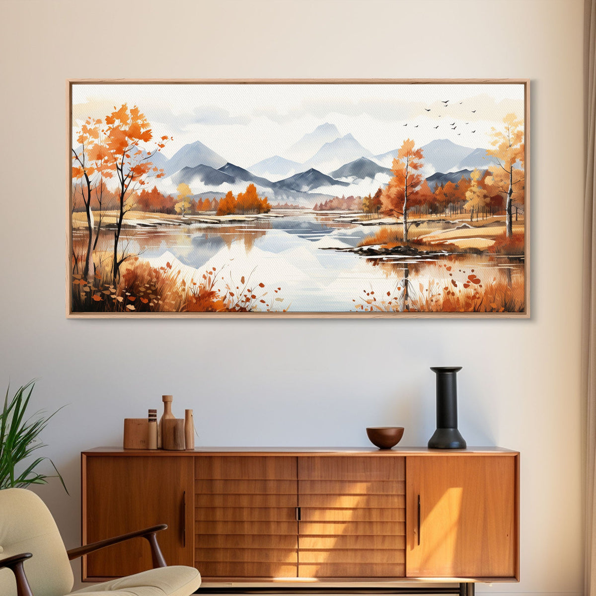 Panoramic Gold Brown Mountain Valley Watercolor Art Print On Canvas, Misty Rolling Hills Landscape Painting, Extra Large Wall Art