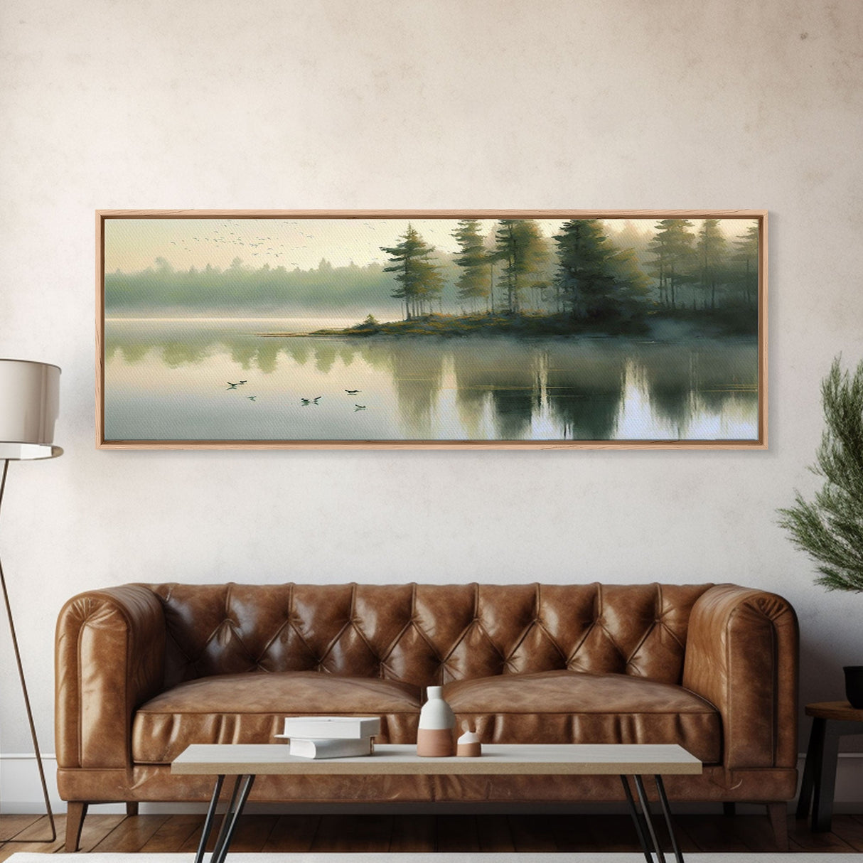 framed lake landscape art, panoramic, framed wall art, living room wall decor, framed canvas, minimalist landscape, abstract landscape art