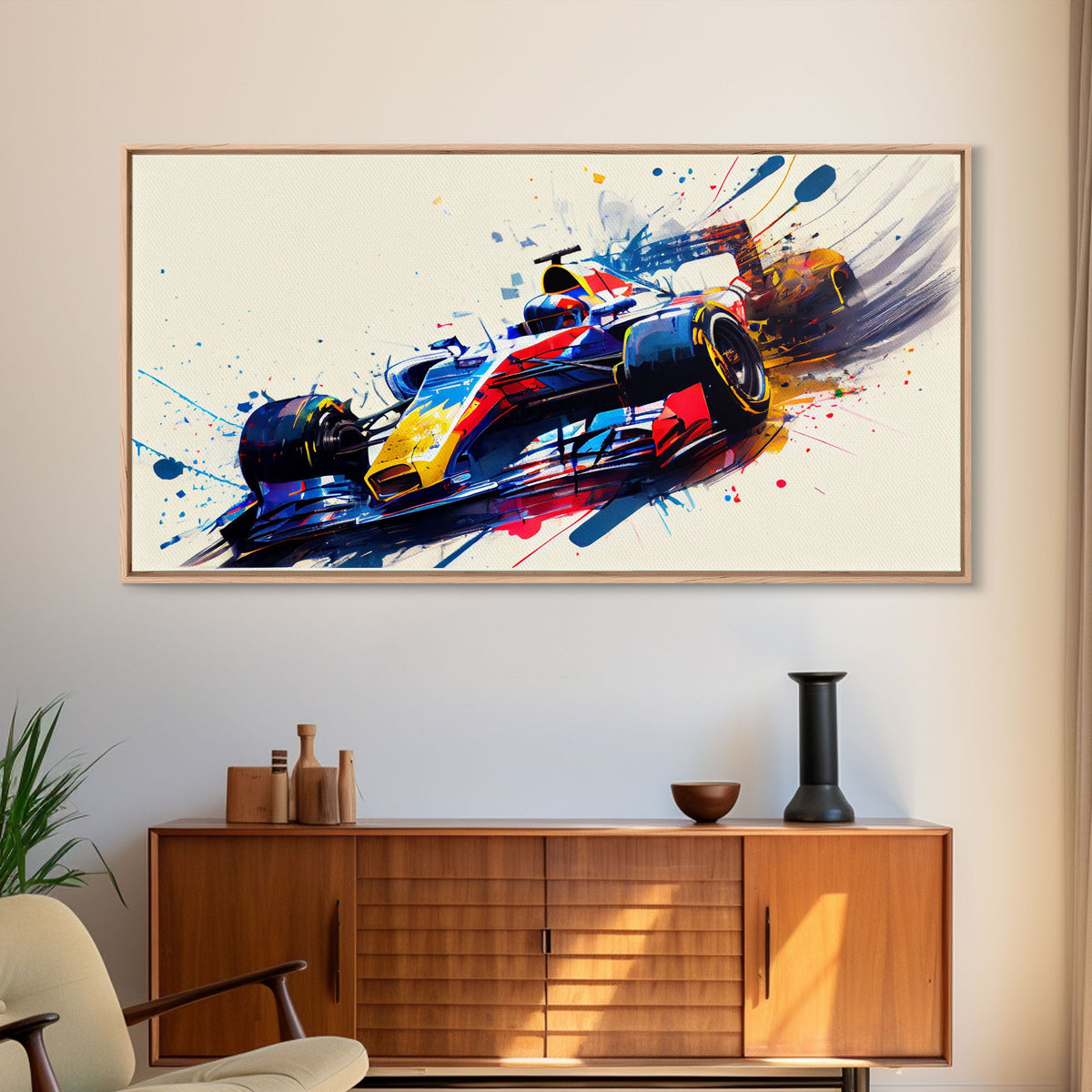 Graffiti Art, Formula One, F1 Race Car Splatter Paint Art, Framed Canvas Print