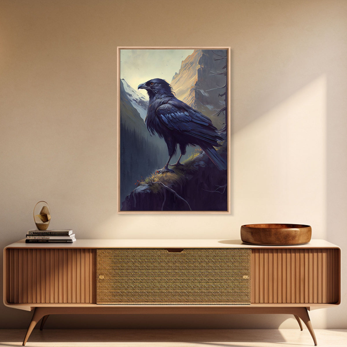 Portrait of a raven in the mountains, crow art, framed canvas print, framed wall art