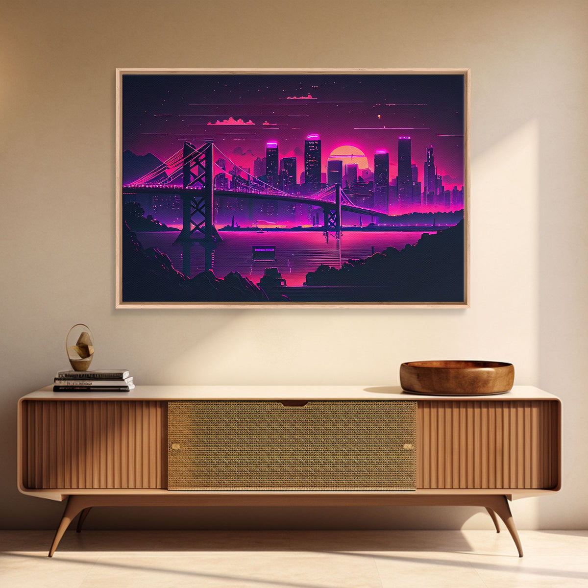 Cyberpunk San Francisco, Futuristic city skyline art, framed canvas print, Synthwave / vaporwave cityscape decor