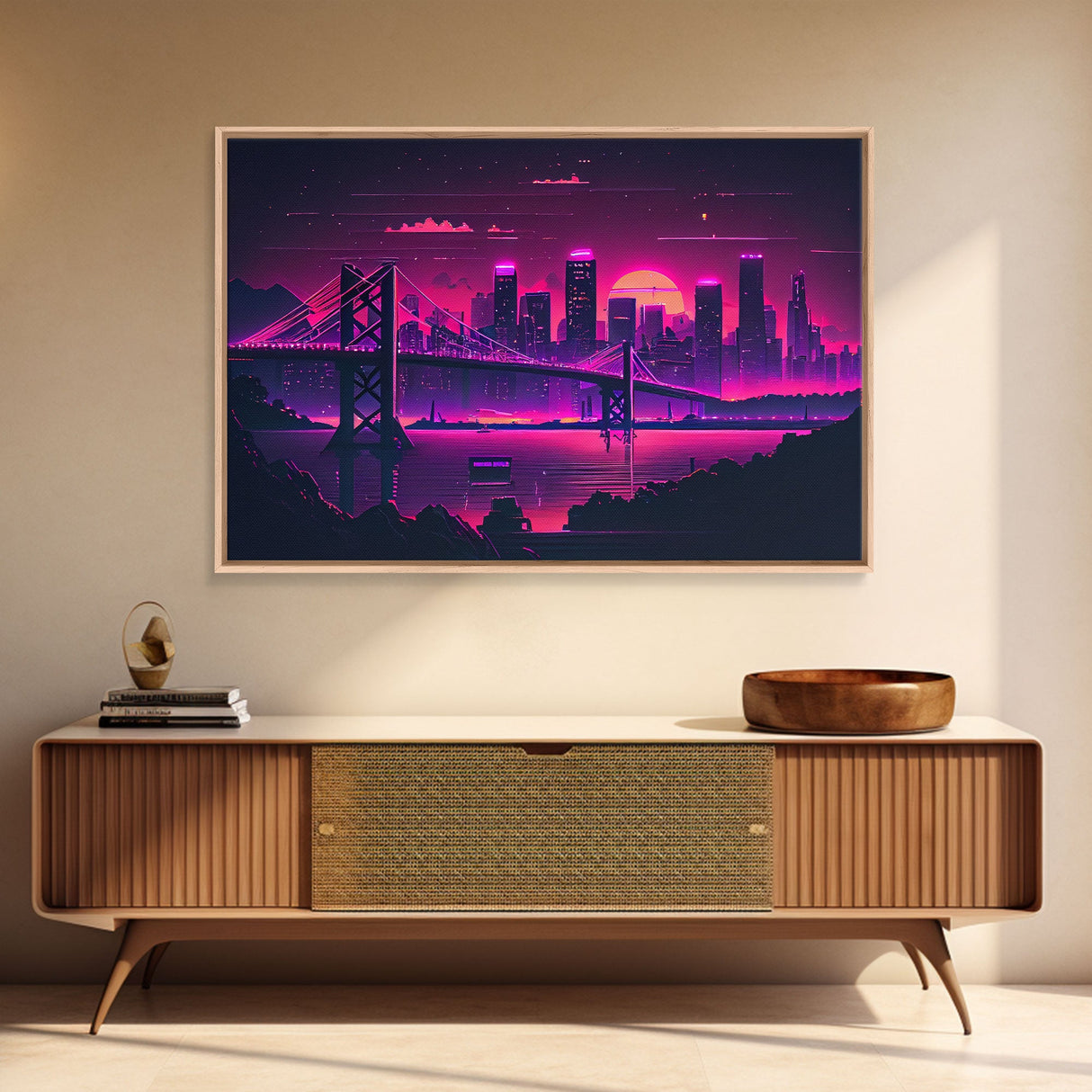 Cyberpunk San Francisco, Futuristic city skyline art, framed canvas print, Synthwave / vaporwave cityscape decor