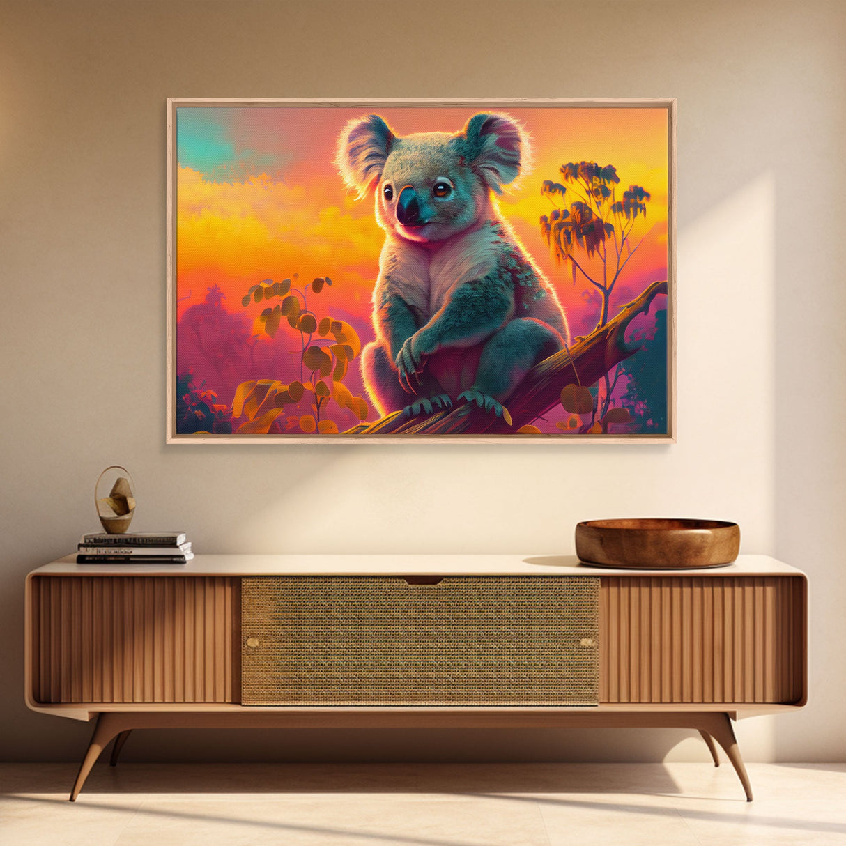 Cute Koala bear at sunset, vaporwave animal art, framed canvas print, framed wall art, ready to hang, synthwave art