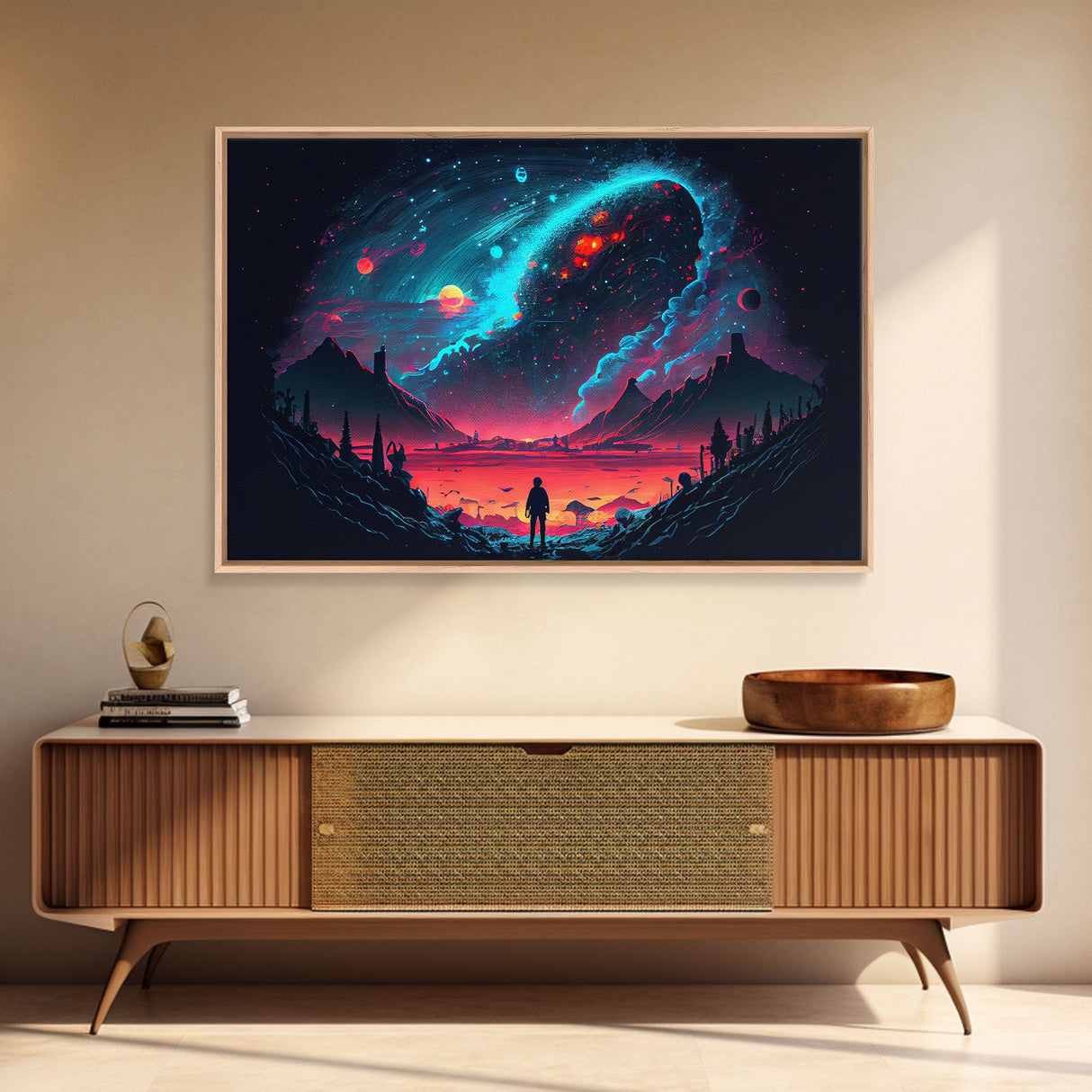 Strange new worlds among the stars, scifi retrowave art, framed canvas print, unique wall art