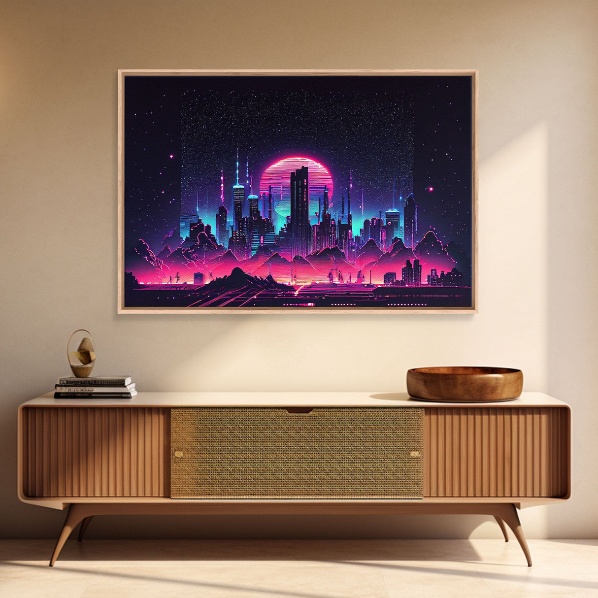 Cyberpunk city skyline superimposed over a sunset, synthwave style dystopian art, framed canvas print