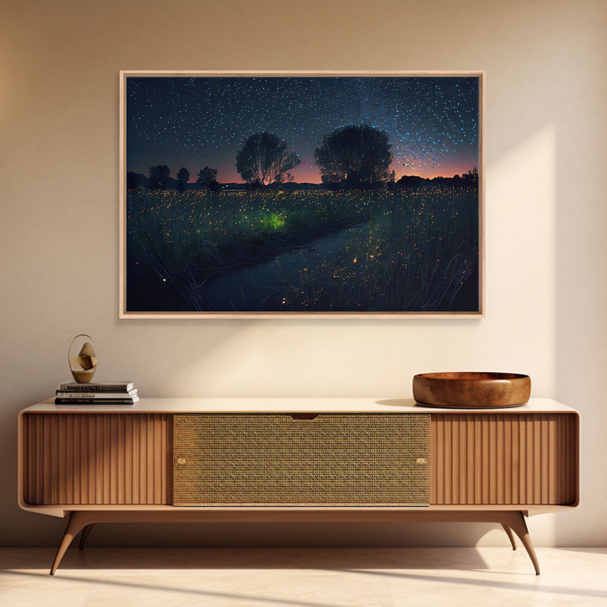 Fireflies light up the Oklahoma Prairie under a Starry night sky, framed canvas print