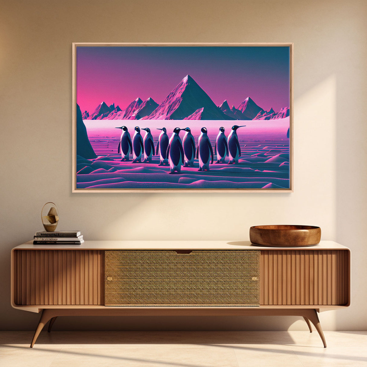 Penguins on the nice, cute animal prints, framed canvas print, synthwave / vaporwave art