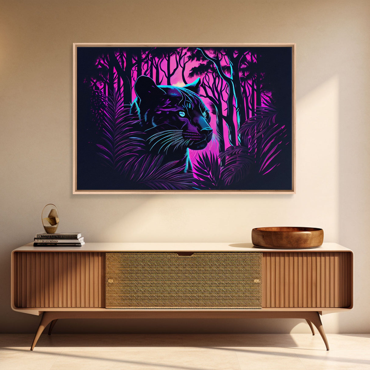 Vaporwave art, framed canvas print, Jungle Panther synthwave portrait