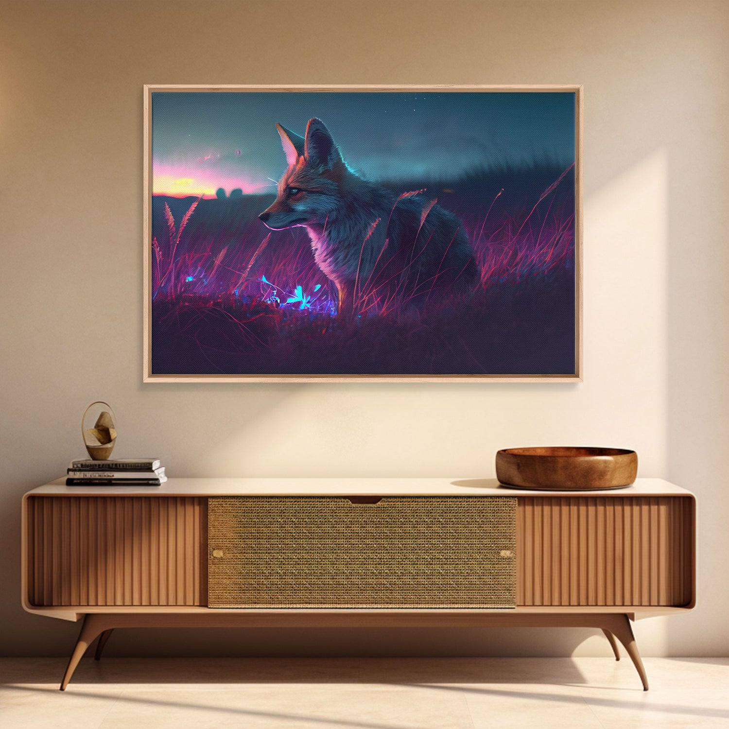 Cute animal prints, vaporwave fox hunting in the tall grass, framed canvas print