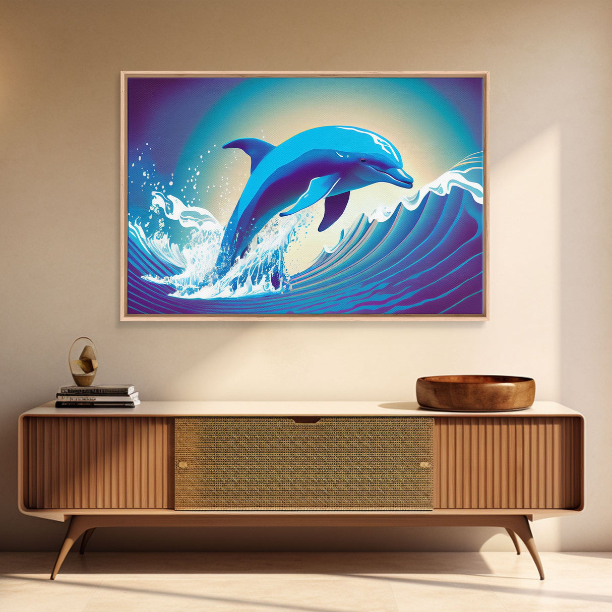 Dolphin riding a wave, cute animal prints, vaporwave animal art, framed canvas print