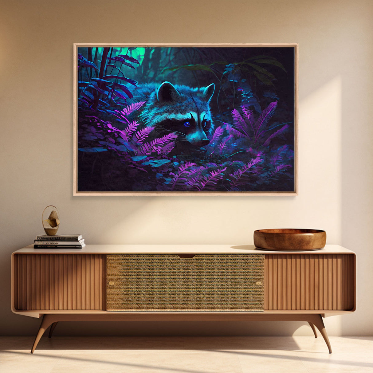 Trash panda art, Racoon in the jungle, vaporwave aesthetic animal art, framed canvas print