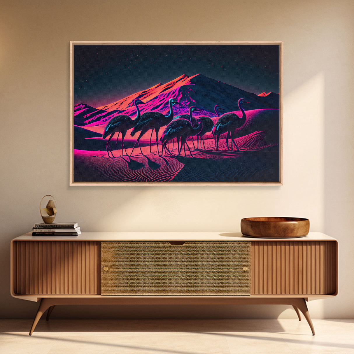 Emus in the desert, animal prints, animal art, framed canvas print, vapor wave synthwave animal art