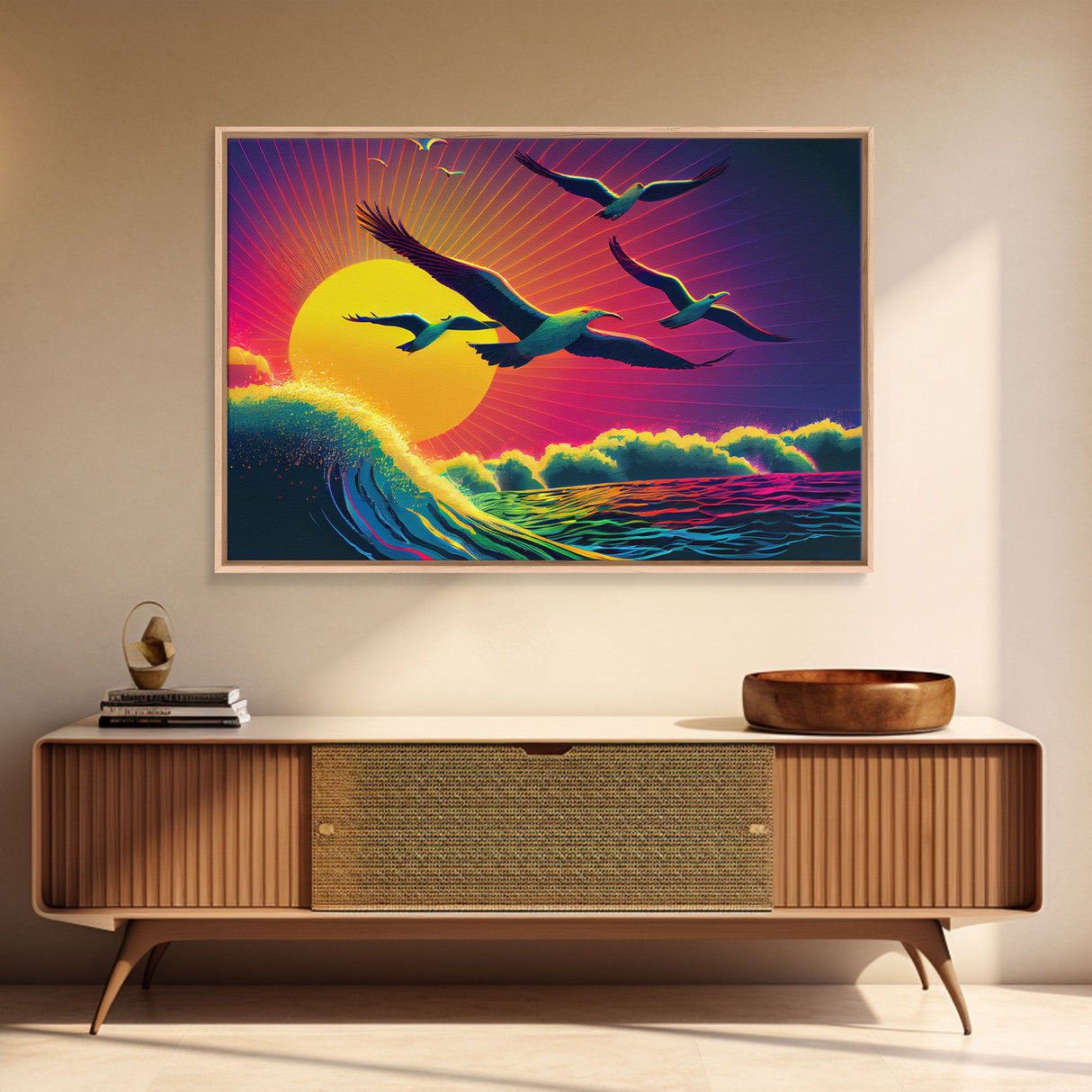 Flock of Seagulls, art deco style sun, framed canvas print, synthwave retrowave animal art