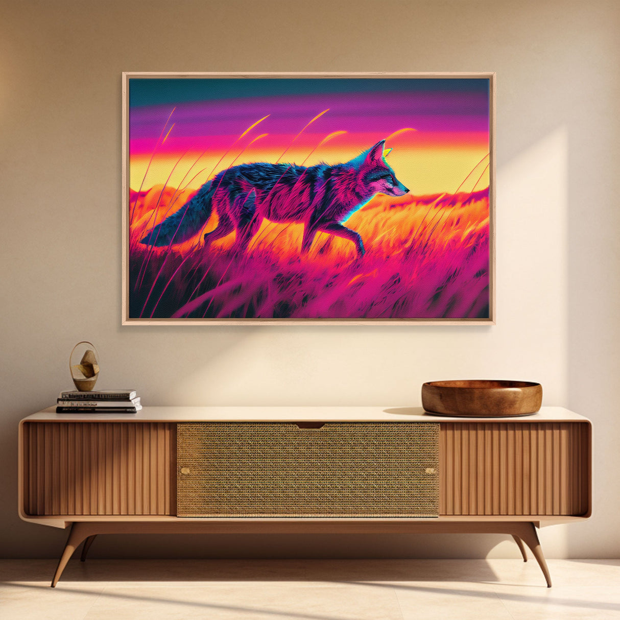 Cute fox in the tall grass, animal print, vaporwave framed canvas print, retrowave animal art