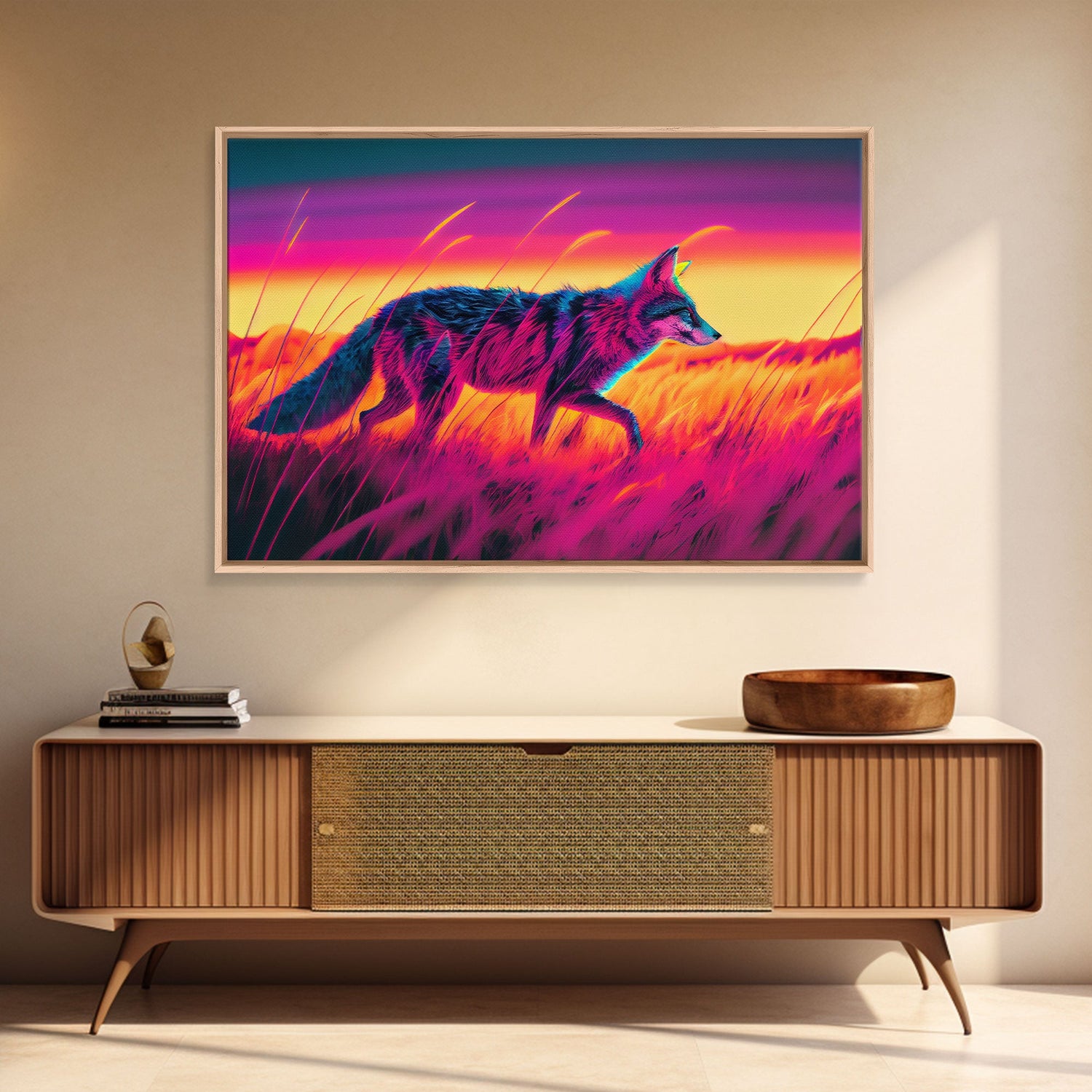 Cute fox in the tall grass, animal print, vaporwave framed canvas print, retrowave animal art