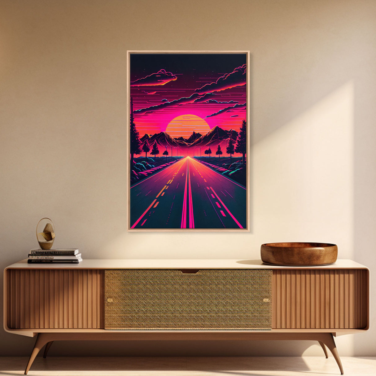 Outrun Sunset over the Arizona mountains, neon aesthetic art, framed canvas print